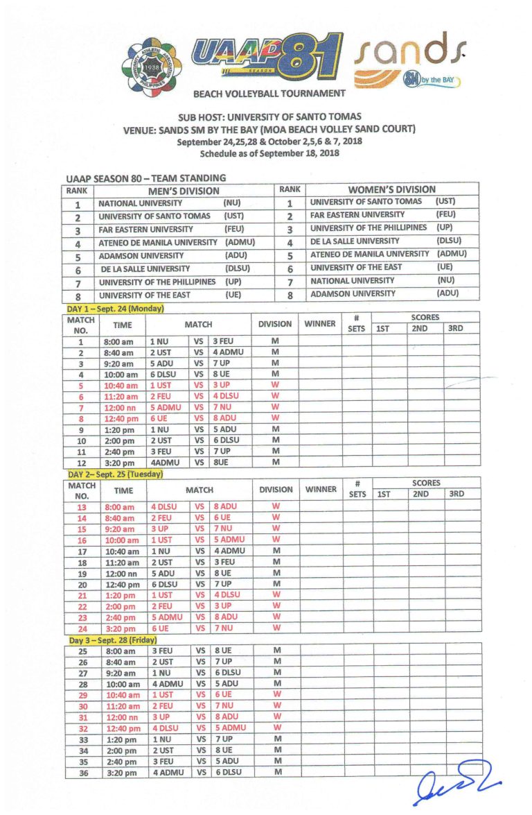 Beach Volleyball Schedule as of September 18 20181 BurnSports.Ph