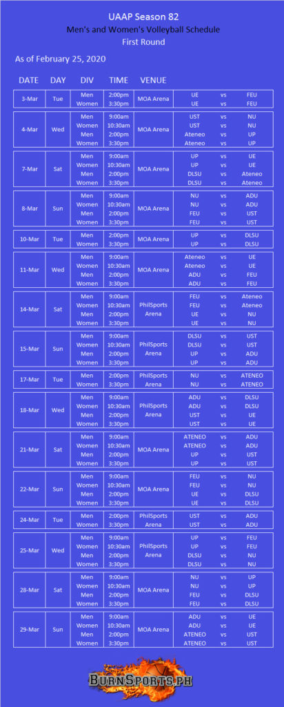 SCHEDULE: UAAP Season 82 Volleyball First Round | BurnSports.Ph